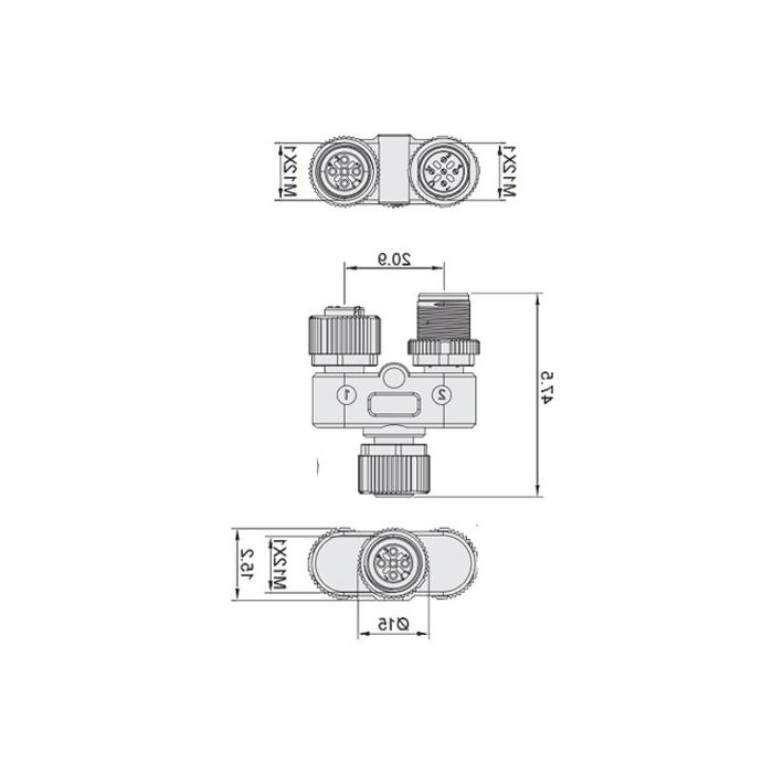 M12 5Pin母头/M12 5Pin公头+M12 5Pin母头、三通接头、644443